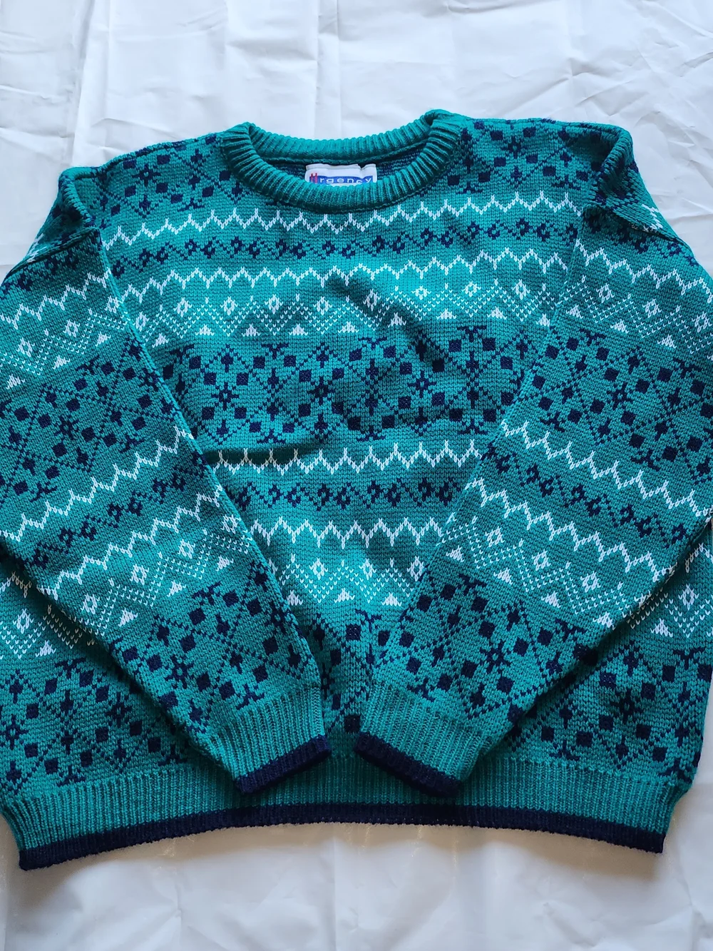 VTG URGENCY Women's Knit Sweater Multi-pattern  Geometric Rows Green Size Xlarge
